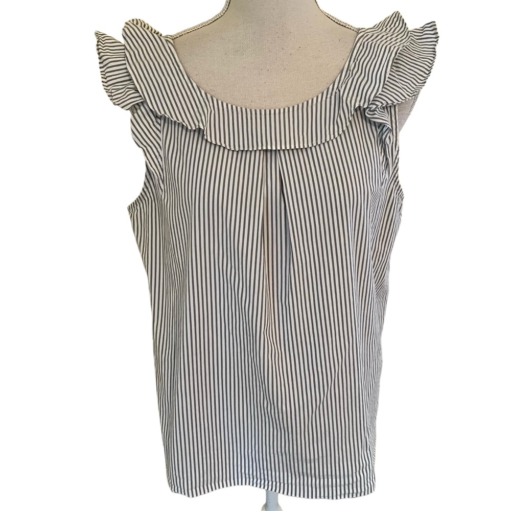 J. Crew Factory Grey/White Striped Stretch Cotton Ruffle Neckline Blouse